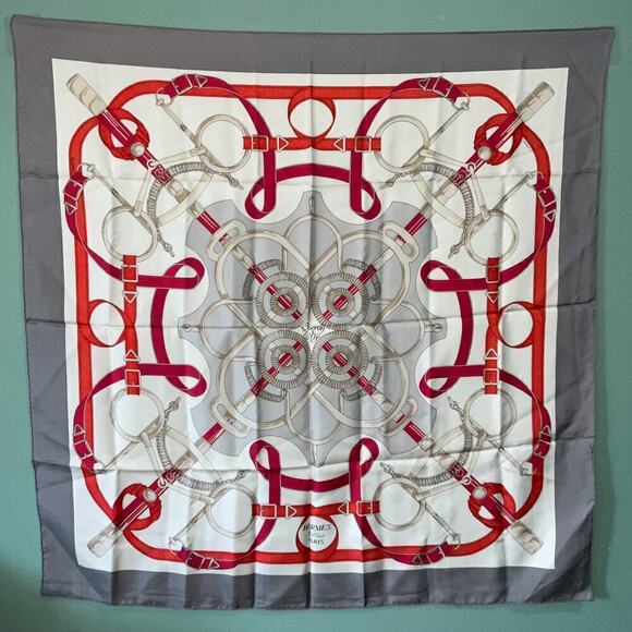 HERMES Carre "Eperon d’or" Silk Gray White Red 100% Silk Scarf 90cm Square - Picture 10 of 16